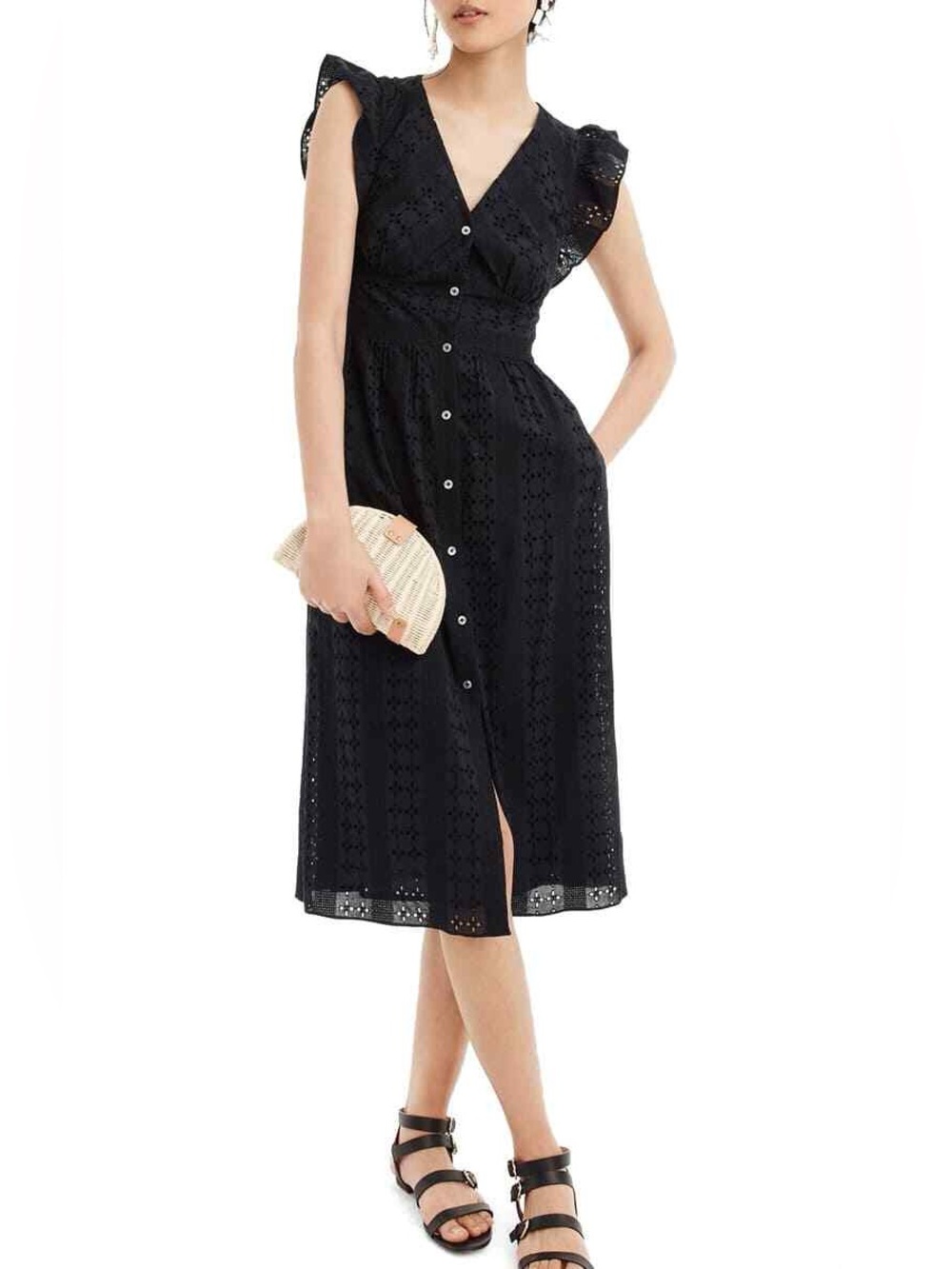 J Crew Black Eyelet Button-Front Midi Dress 100% Cotton Dress